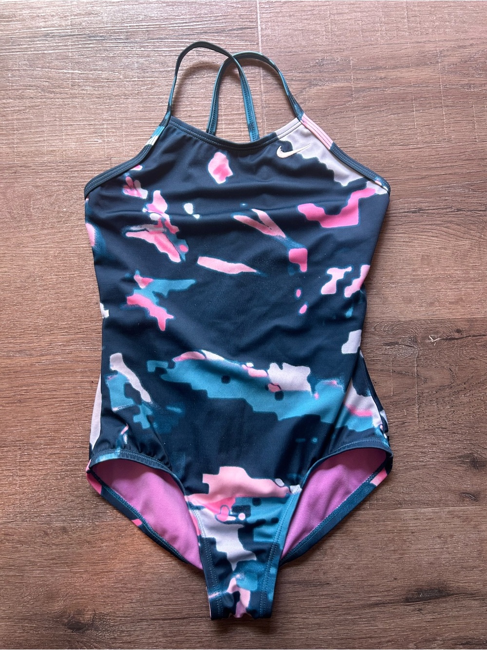 Nike Girls One Piece Swimsuit Size S 8/10 Blue Pink Glitch Camo Racerback
